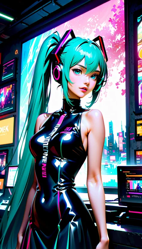 create a high-resolution, visually stunning portrait that captures the essence of hatsune miku, the digital singing sensation kn...