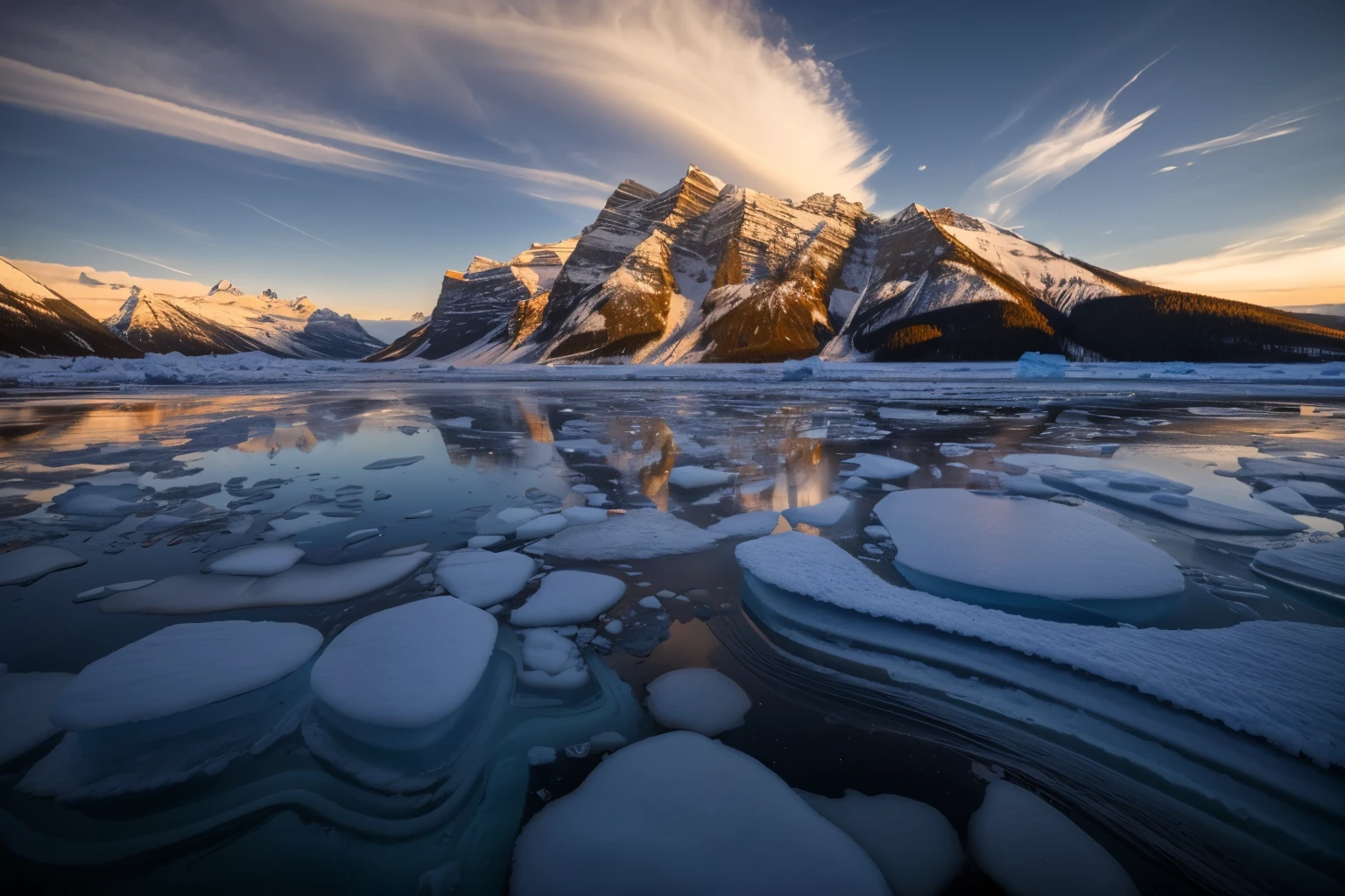 Photography，HD，Photographed by admus in the United States，Mount Arafeld in the distance，Foreground is ice and bubbles, Mark Adams, fushan, Surreal frozen landscape, ryan dyar, ice cold lake setting, stunning light reflections, ice cold landscape, ice cold, frozen lake, ice cold mountains, Complex and epic composition, banff national park, largest river, incredible reflection, Patrick Cheng, intricate landscape, Dramatic cold light