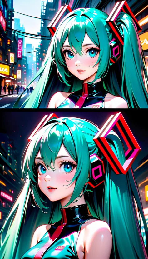 Create a high-resolution, visually stunning portrait that captures the essence of Hatsune Miku, the digital singing sensation kn...