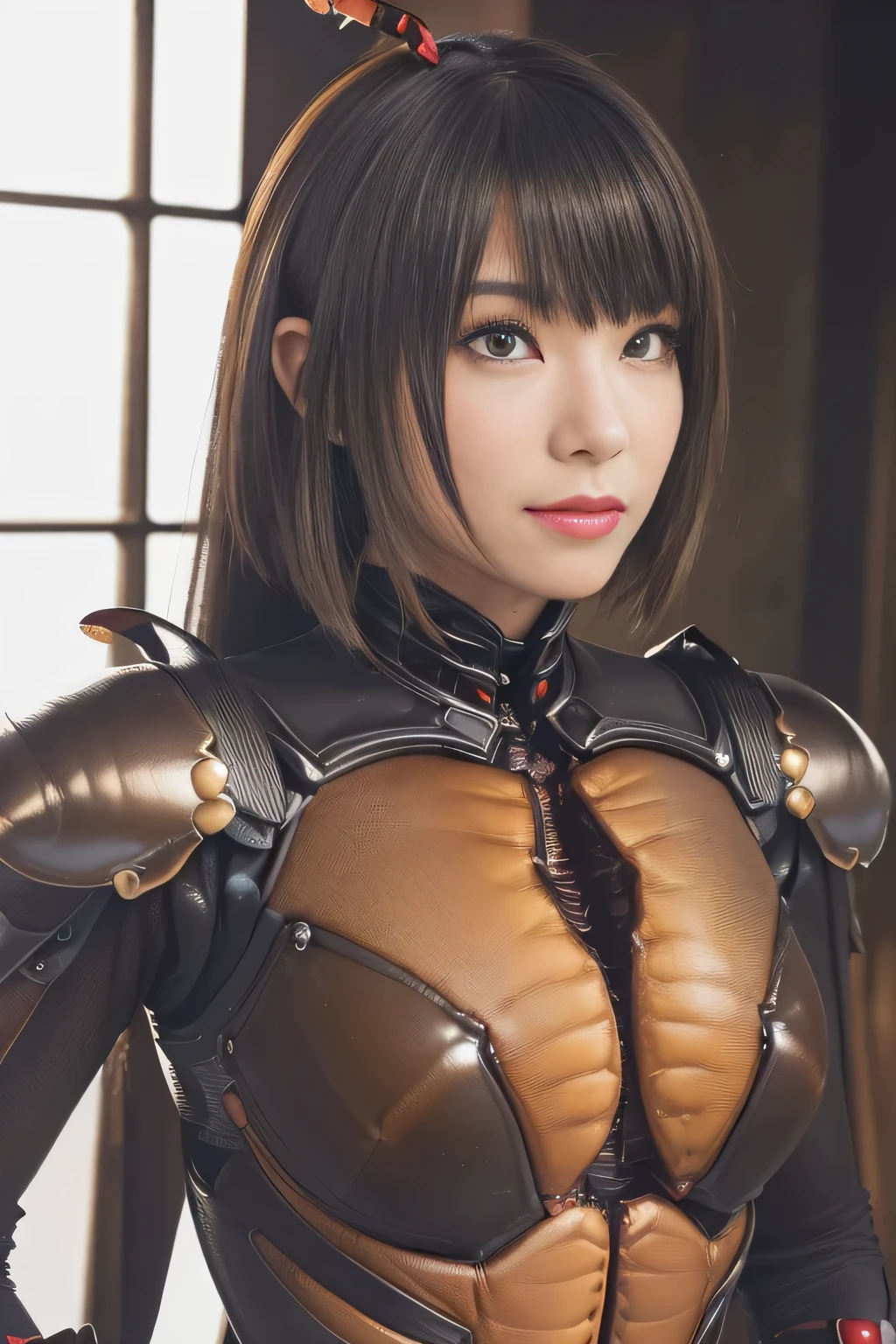 (high resolution,masterpiece,best quality,extremely detailed CG, anime, official art:1.4), realistic, photo, amazing fine details, all intricate, gloss and shiny,awesome many layers, 8k wall paper, 3d, sketch, kawaii, illustration,( solo:1.4), perfect female proportion,villainess, (fusion of dark brown cockroach and lady:1.4), (brown cockroach form lady:1.2), (brown cockroach lady:1.2), (fusion:1.2), (solo:1.4), (evil smile:1.2), muscular, abs, (cockroach brown exoskeleton bio insect suit:1.4), (cockroach brown exoskeleton bio insect armor:1.2), (brown transparency cockroach wing:1.4), (brown cockroach antennae:1.3),