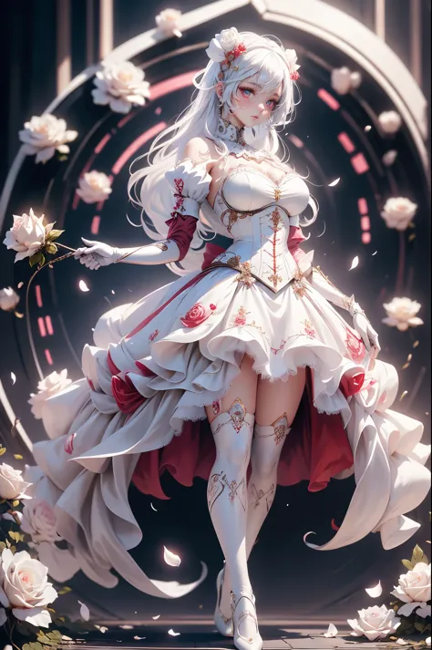 White rose hair ornament、white rose dresini skirt、frills、white hair、red eyes、beautiful feet、Holding a Rapier、beautiful feet、whit...