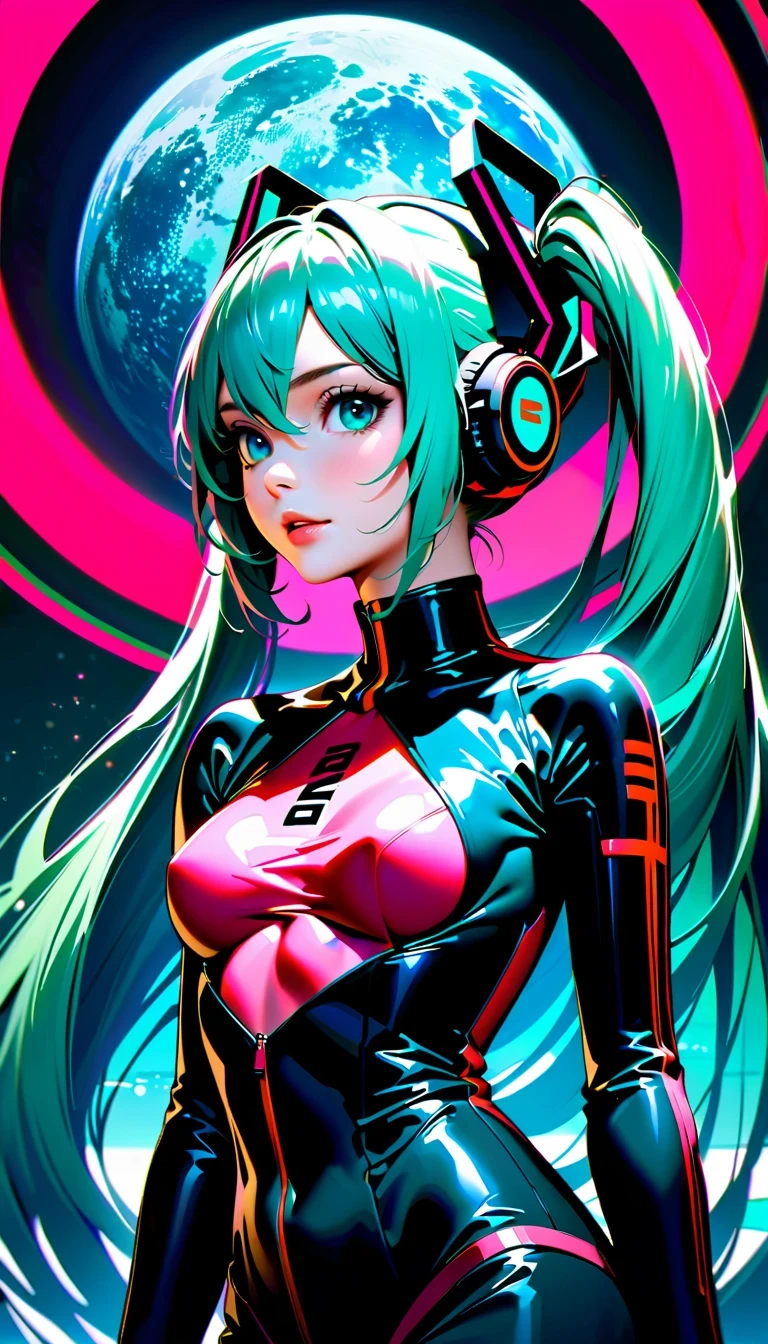 Create a high-resolution, visually stunning portrait that captures the essence of Hatsune Miku, the digital singing sensation known for her distinctive voice and signature blue-green hair. Dress her in futuristic or cyberpunk-inspired attire that reflects her unique persona. Compositionally, draw inspiration from National Geographic photography to create a sense of depth and realism, emphasizing natural lighting, vivid colors, and an immersive environment. Ensure the final image is presented in ultra-high definition quality to showcase every detail and bring Miku's virtual world to life with breathtaking clarity.

