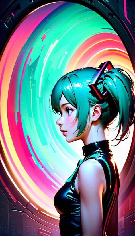 Create a high-resolution, visually stunning portrait that captures the essence of Hatsune Miku, the digital singing sensation kn...