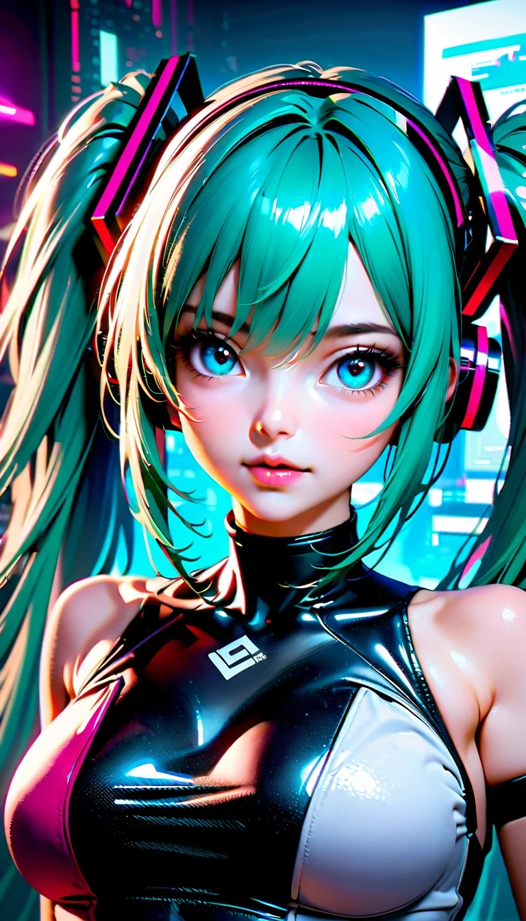 Create a high-resolution, visually stunning portrait that captures the essence of Hatsune Miku, the digital singing sensation known for her distinctive voice and signature blue-green hair. Dress her in futuristic or cyberpunk-inspired attire that reflects her unique persona. Compositionally, draw inspiration from National Geographic photography to create a sense of depth and realism, emphasizing natural lighting, vivid colors, and an immersive environment. Ensure the final image is presented in ultra-high definition quality to showcase every detail and bring Miku's virtual world to life with breathtaking clarity.

