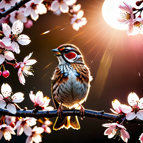 sunset "Sparrow bird with open wings spread upwards perched on a cherry blossom branch, top tmasterpiece of superior high-quality, officially beautiful art and aesthetics, realistic and detailed, yang08k." on sakura tree in a bottle, fluffy, atmospheric li...