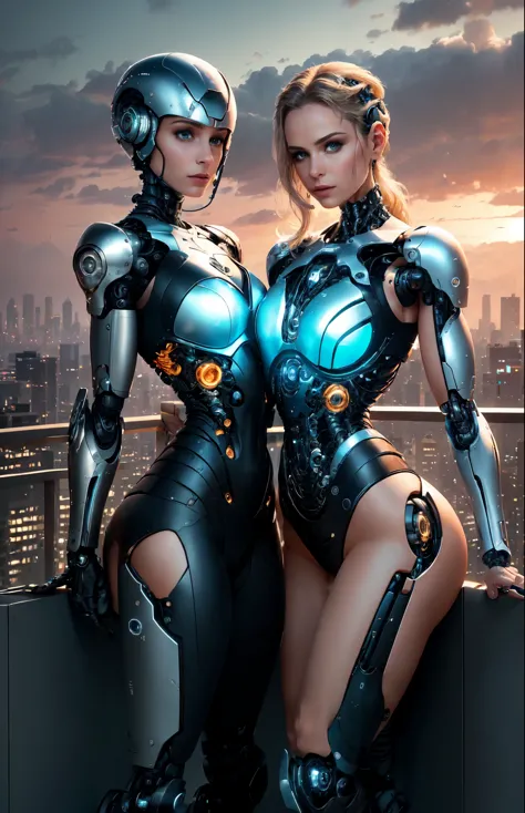 On the rooftop of a skyscraper, a male cyborg and a female cyborg engage in a sexual relationship. They are both depicted in stu...