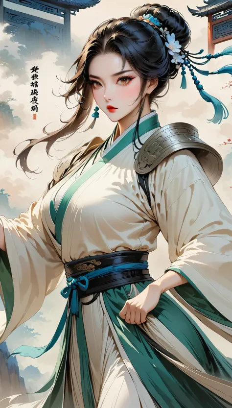 (masterpiece, best quality:1.2), female general，metal armor，tiger：1.37，black hanfu，elegant，simple，Ink martial arts style，Chinese...