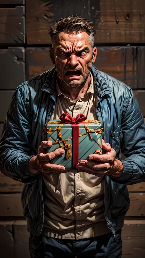 Close up an man apparently 40 year old man, photograph, lens 35mm, angry, extremely expressive anger, holding a gift