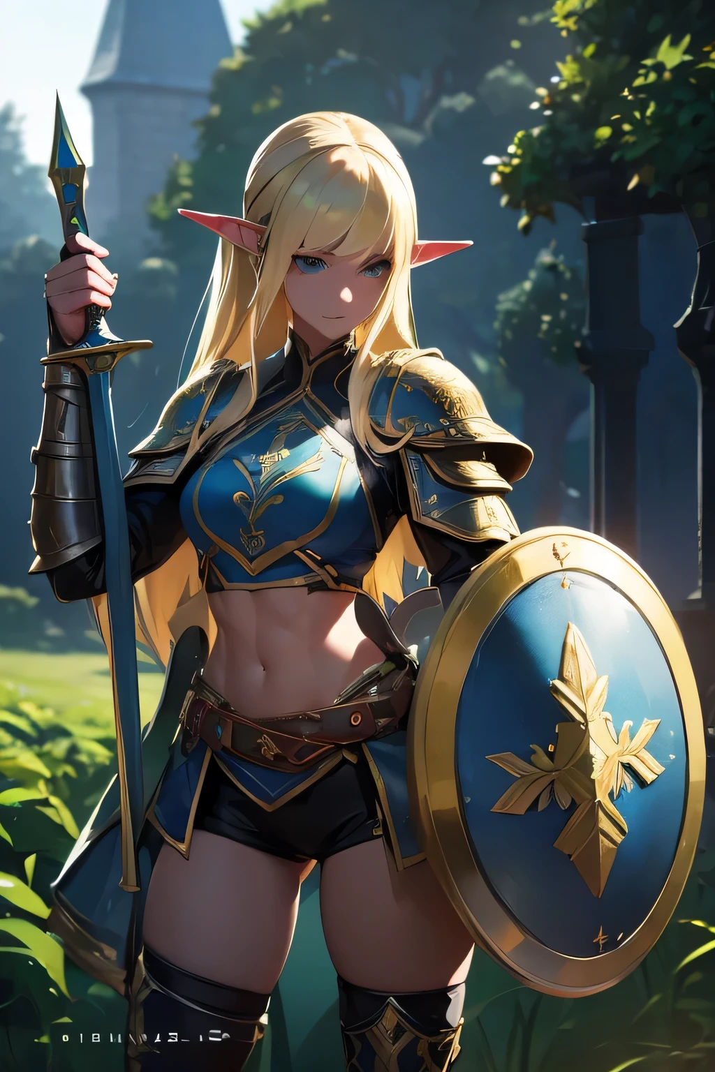 ((masterpiece, best quality)), (elf ears), female elf singing, female blonde elf with blue eyes in armor, stunning character art, character art of a beautiful female elf singing:1.4, athletic body, muscular:1.3, Well trained, abs, epic exquisite character art, character art portrait, rossdraws 1. 0, high quality digital concept art, beautiful female knight wearing armor, a blonde emerald warrior, holding weapon and shield, holding a sword and shield, the elf, she is holding a sword, Holding a shield, holding shield and sword, Holding a sword & A shield, elf princess knight