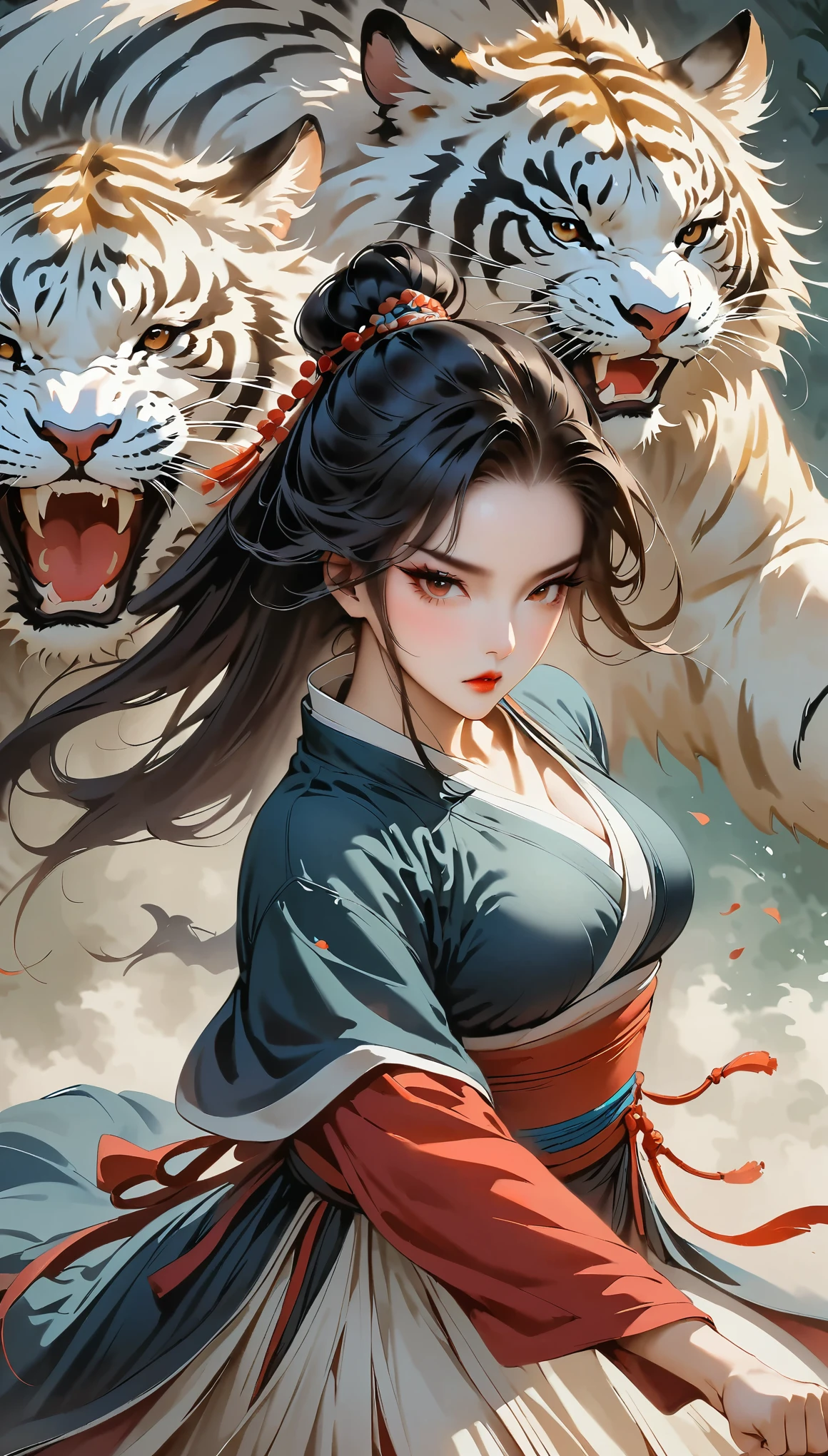 (masterpiece, best quality:1.2),martial arts风格，Chinese comics，martial arts，attack action，Gaze at the viewer，1 girl，black hanfu，red waistband，flowing skirt，tiger，ink：1.37