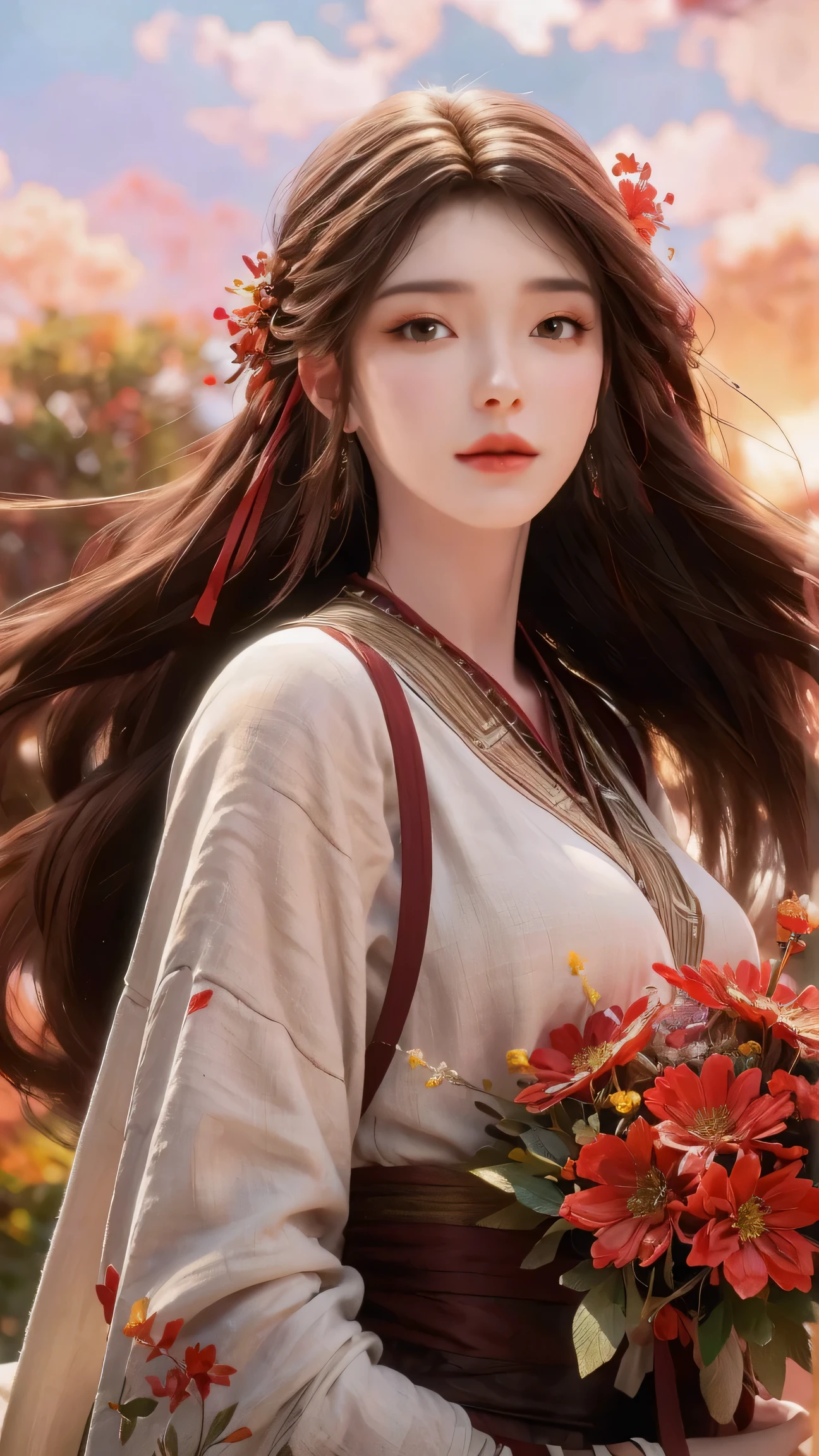 beautiful detailed eyes, long flowy hair, holding a bouquet of wildflowers, surrounded by lush greenery and blooming flowers, with a golden sunset in the background, vibrant colors and vivid lighting, oil painting style
