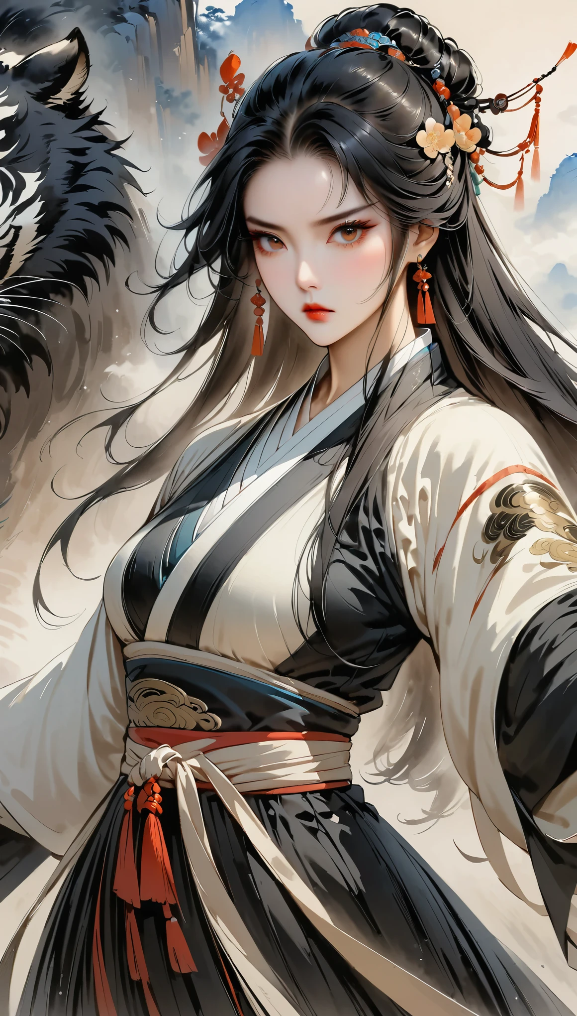 (masterpiece, best quality:1.2),martial arts风格，Chinese comics，martial arts，attack action，Gaze at the viewer，1 girl，black hanfu，red waistband，flowing skirt，tiger，ink：1.37