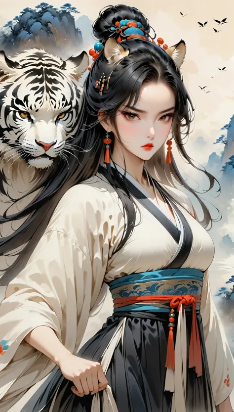 (masterpiece, best quality:1.2), 1 girl，tiger，two-dimensional， metal jewelry, serious expression, attack action, bow your head, ...