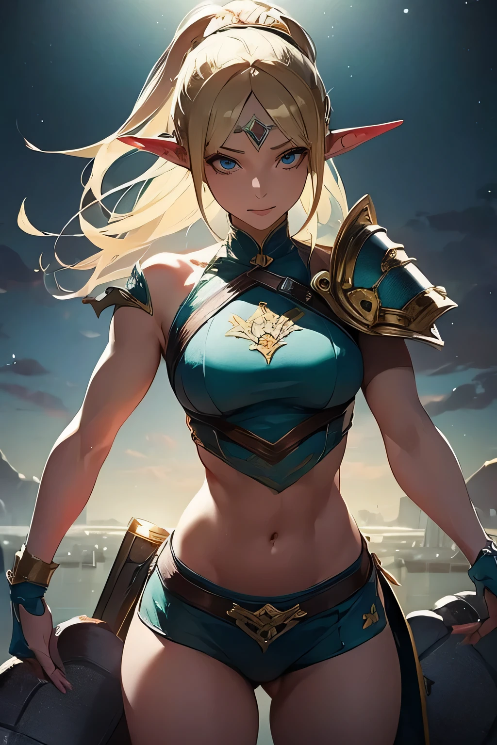 ((masterpiece, best quality)), (elf ears), female elf singing, female blonde elf with blue eyes in armor, stunning character art, character art of a beautiful female elf singing:1.4, athletic body, muscular:1.3, Well trained, abs, epic exquisite character art, character art portrait, rossdraws 1. 0, high quality digital concept art, beautiful female knight wearing armor, a blonde emerald warrior, holding weapon and shield, holding a sword and shield, the elf, she is holding a sword, Holding a shield, holding shield and sword, Holding a sword & A shield, elf princess knight