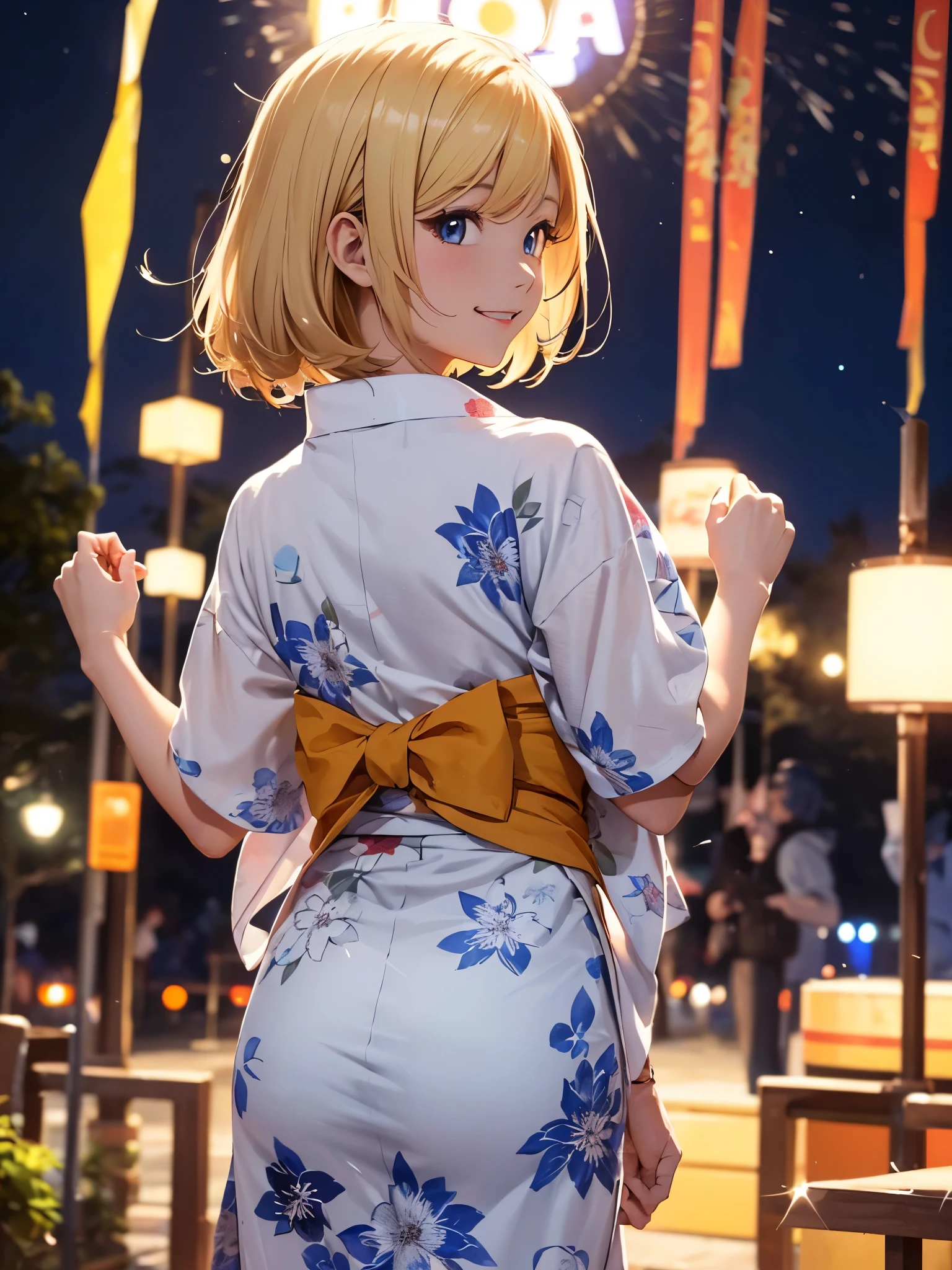 (((ultra high definition))), (((salina))), (Pokémon), masterpiece, best quality, detailed, (1 girl), alone, (Super detailed blue eyes, Blonde long and short hair, permanent: 1.2), (((hands in arms))), (cool yukata), Happy smile, (small breasts, healthy body :1.2), (Put your arms behind your back), Stone road, starry sky, (fireworks), Night festival in the background,