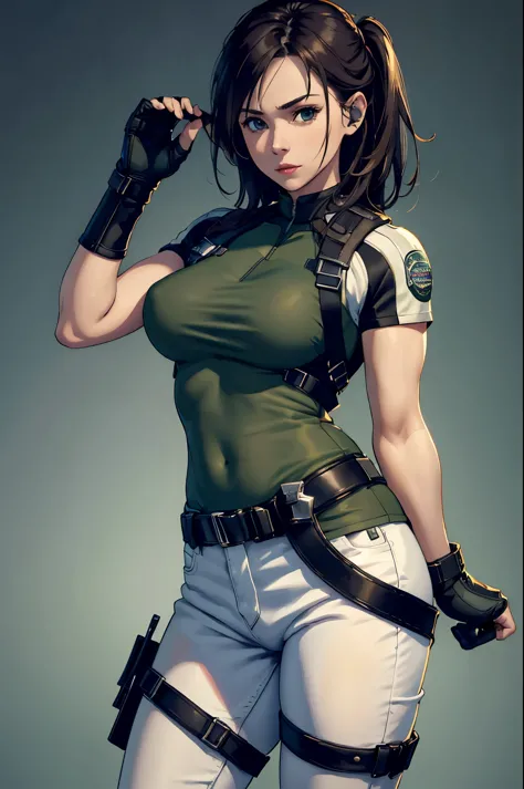 masterpiece, best quality:1.2), expressive eyes, perfect face, highres, 1 girl, solo, (female:1.5), chris redfield, green taut s...