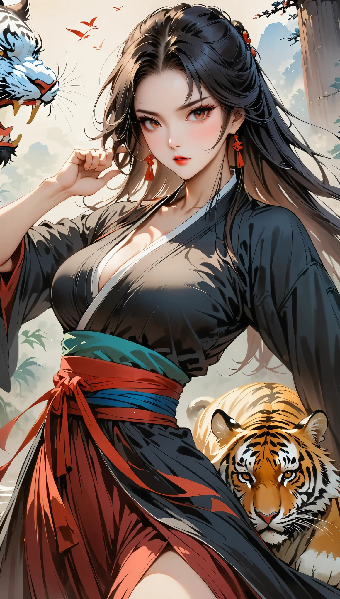 (masterpiece, best quality:1.2),martial arts风格，Chinese comics，martial arts，attack action，Gaze at the viewer，1 girl，black hanfu，red waistband，flowing skirt，tiger，ink：1.37