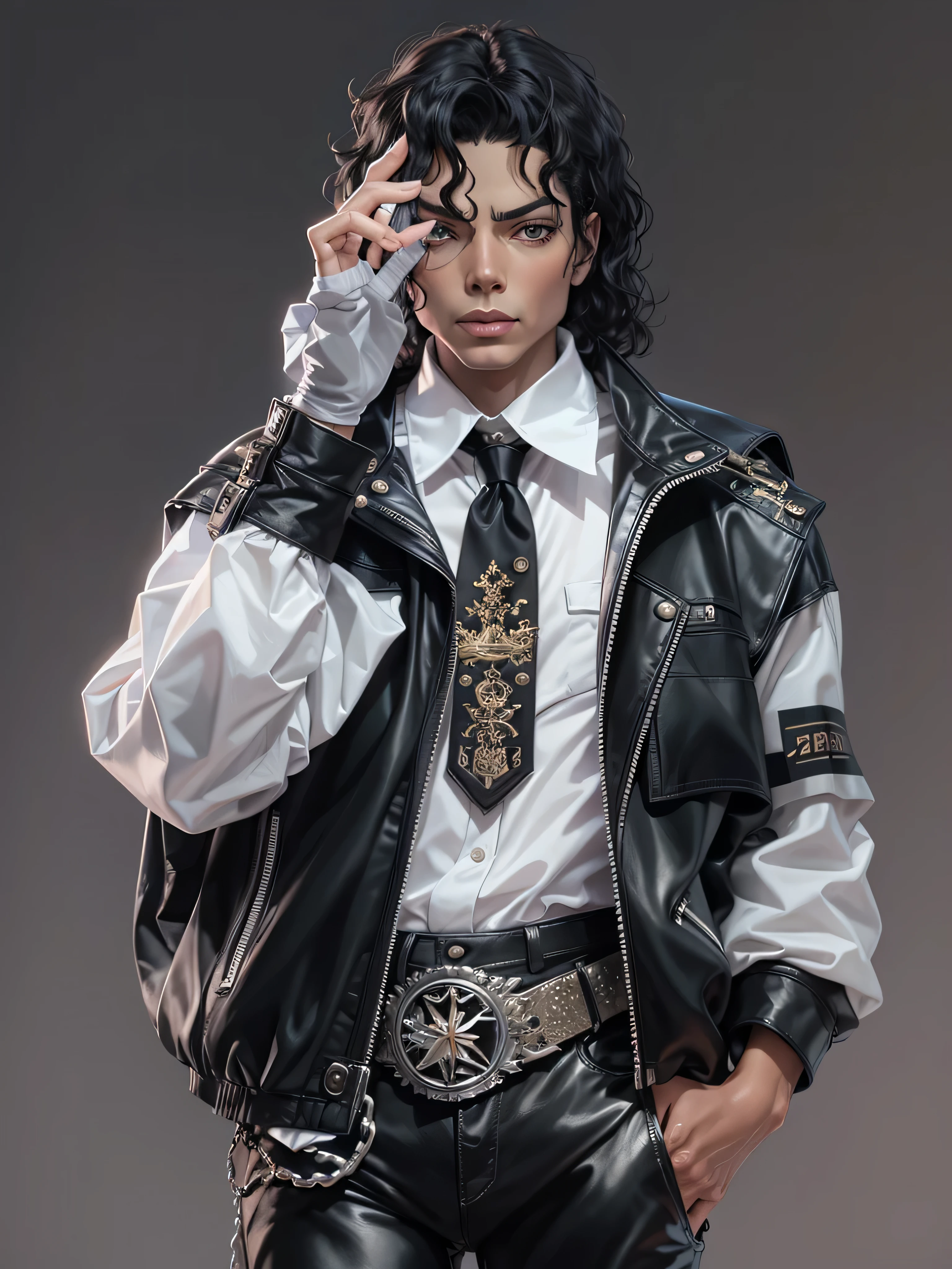 frontal portrait of michael jackson（1 male）【1987 Michael Jackson-BAD album cover】，purse lips；White shirt layered with black windbreaker，Silver embroidery，White armbands，Armbands。Simple background，stage，burst stage；Danger Album Cover Background。Facial clarity，3D art；Ultra clear details，8K,realistic art，pop art。