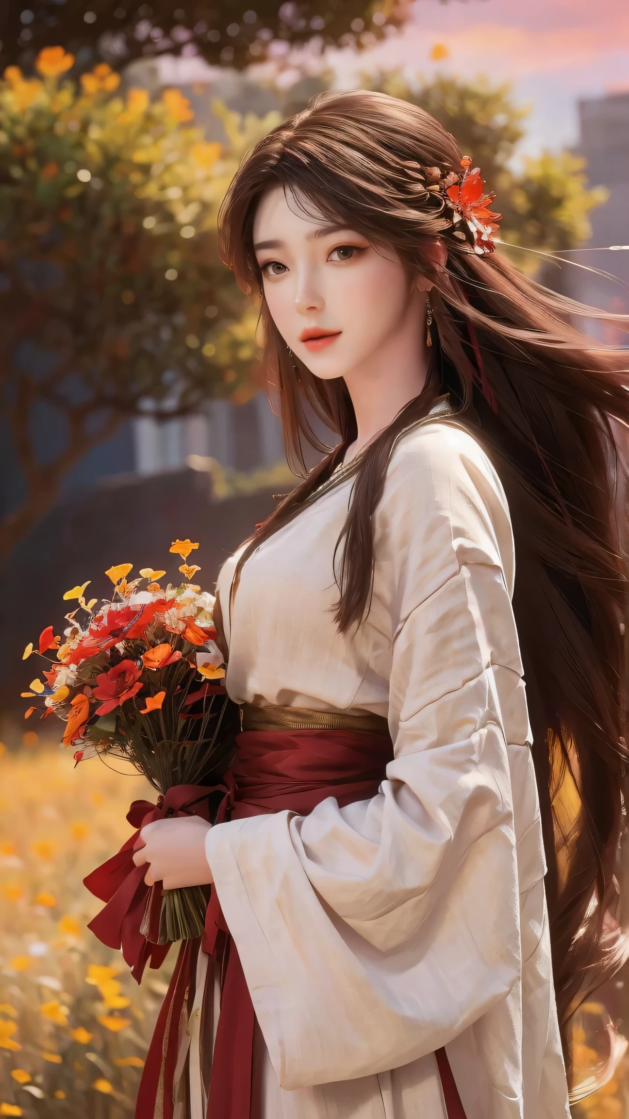 beautiful detailed eyes, long flowy hair, holding a bouquet of wildflowers, surrounded by lush greenery and blooming flowers, with a golden sunset in the background, vibrant colors and vivid lighting, oil painting style