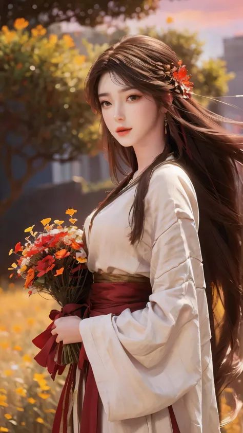 beautiful detailed eyes, long flowy hair, holding a bouquet of wildflowers, surrounded by lush greenery and blooming flowers, wi...