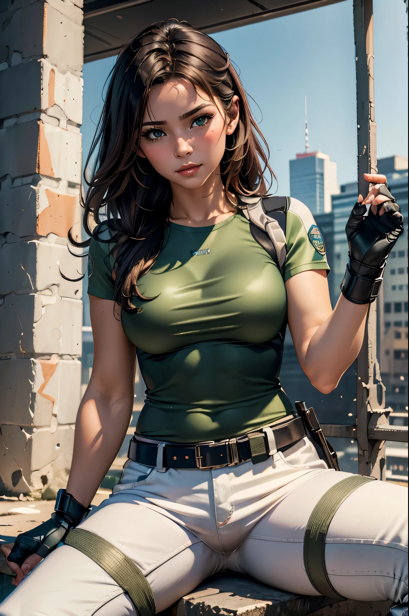 masterpiece, best quality:1.2), expressive eyes, perfect face, highres, 1 girl, solo, (female:1.5), chris redfield, green taut shirt, white pants, fingerless gloves, belt, blushing, surprising, sitting, portrait, looking at the viewer,