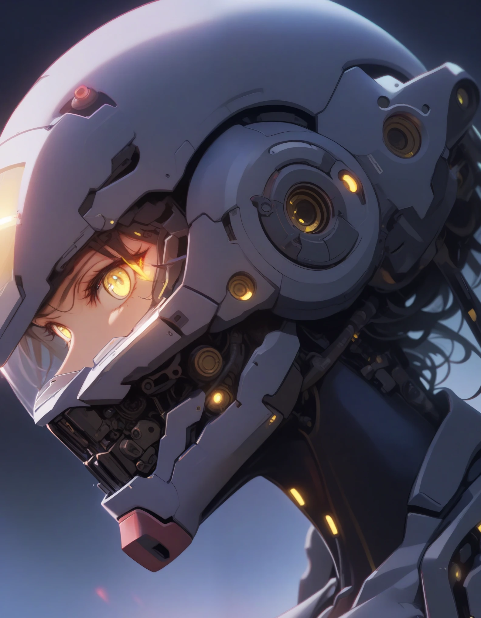 best quality, (ultra high res), 1girl, solo, cyborg female, upper body shot, ((yellow eyes): 1.2), mechanical eyes, artificial eyes, detailed eyes, futuristic glowing eyes, well-aligned eyes, extremely detailed face, cowboy shot, spaceship, thick body, (wearing cyber bodysuit, cyber Helmet, detailed visor), high heels, standing with legs apart, cyber feet, (cinematic lighting), ((fullbody view)), futuristic background