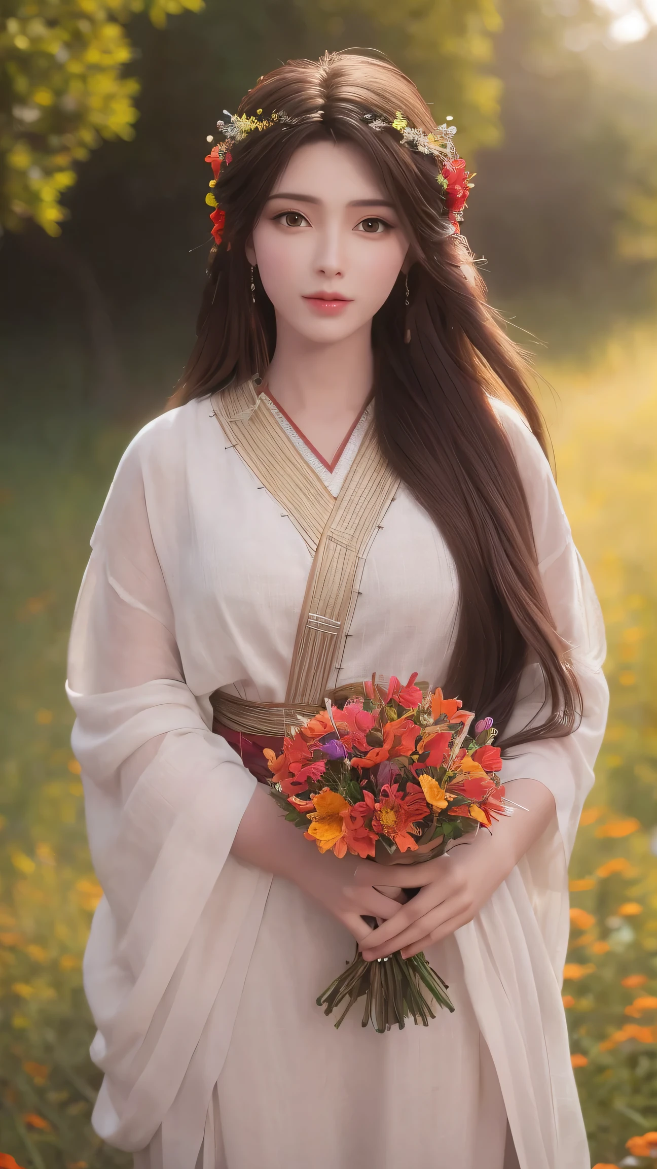 beautiful detailed eyes, long flowy hair, holding a bouquet of wildflowers, surrounded by lush greenery and blooming flowers, with a golden sunset in the background, vibrant colors and vivid lighting, oil painting style