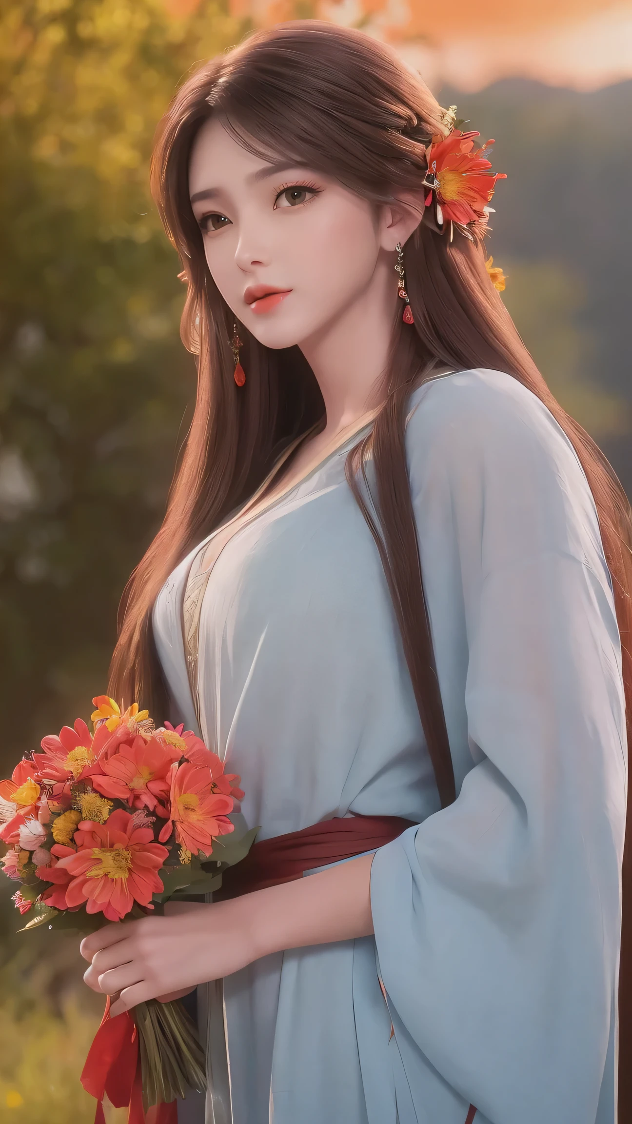 beautiful detailed eyes, long flowy hair, holding a bouquet of wildflowers, surrounded by lush greenery and blooming flowers, with a golden sunset in the background, vibrant colors and vivid lighting, oil painting style