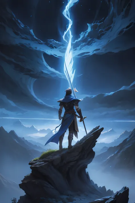 a painting of a man standing on a rock with a sword, epic fantasy novel cover art, arte da capa do jogo, Arte de fantasia em 4K,...