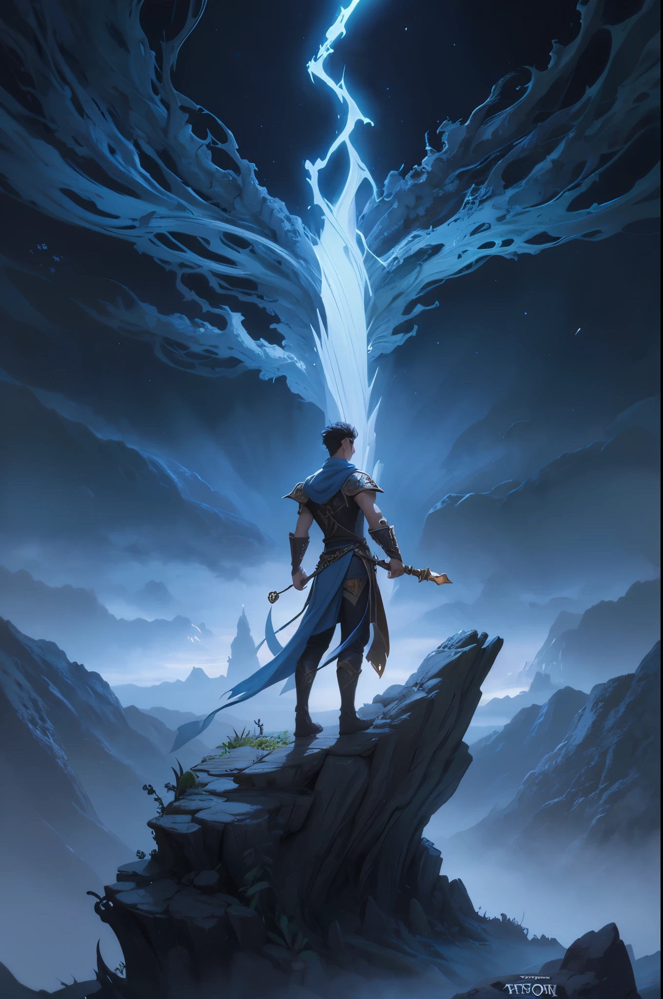 uma pintura de um homem de pé sobre uma rocha com uma espada, Arte da capa do romance de fantasia épica, arte da capa do jogo, Arte de fantasia em 4K, arquivo tempestade circulo, portal, Arte do pôster de Edwards, Kaladin Abençoado pela Tempestade, capa do livro de fantasia, Arte de fantasia 8k, arte principal, estilo de arte digital de fantasia épica, capa do romance litrpg, ilustração de ficção científica de fantasia épica