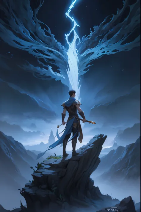 a painting of a man standing on a rock with a sword, epic fantasy novel cover art, arte da capa do jogo, Arte de fantasia em 4K,...