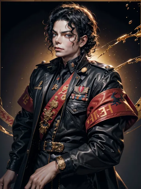 frontal portrait of michael jackson（35 year old male），tie up curly hair style，black military uniform，dragon pattern gold embroid...