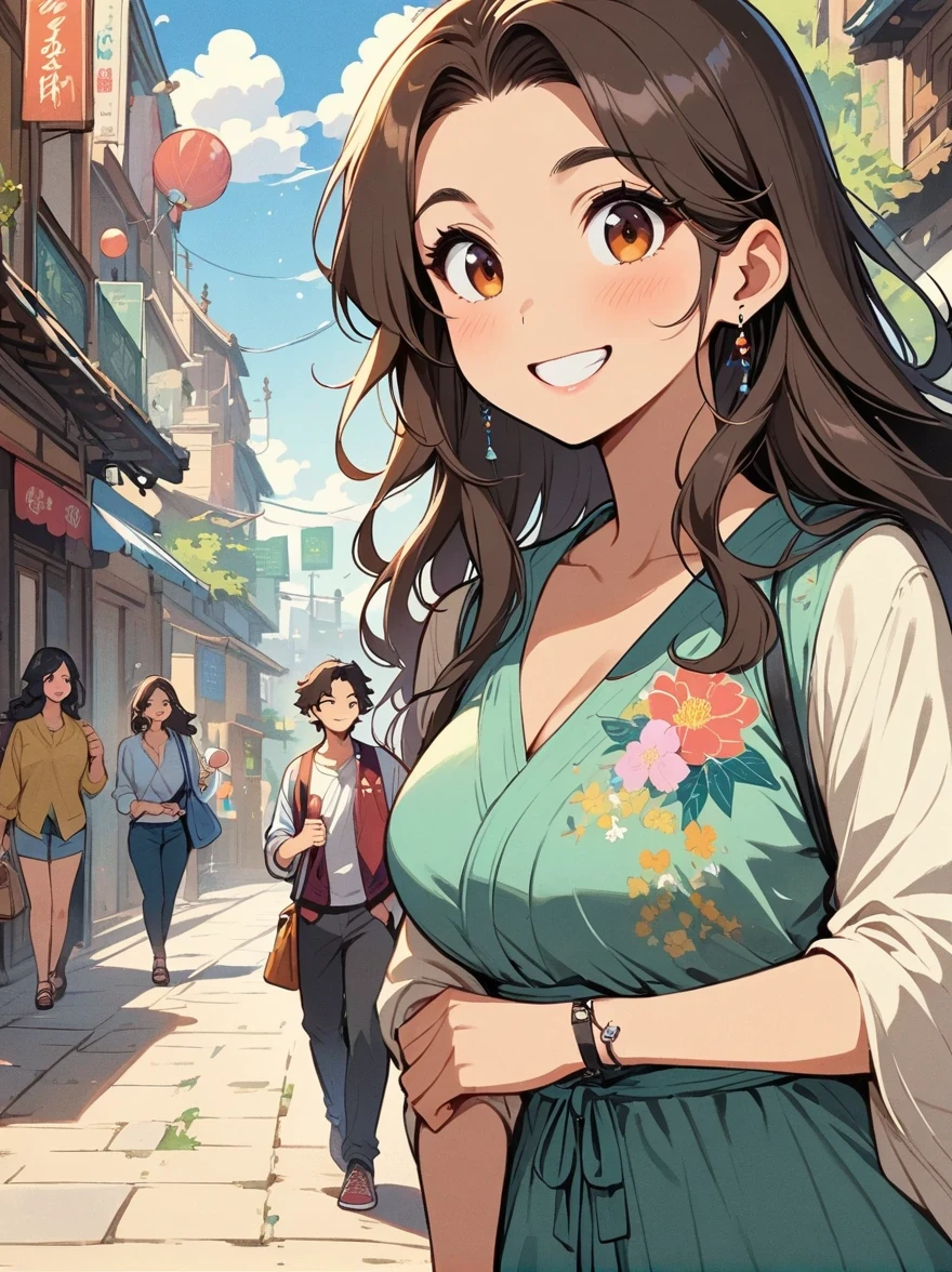 masterpiece, Japanese cartoons, best quality, 2other, couple, Mature, aldult, height difference, different fashion, different color, Casual Wear, long sleeve, Smile, happy, like, whirlwind, blue sky, Long-haired man, light brown hair man, dark haired woman, dark haired woman  
