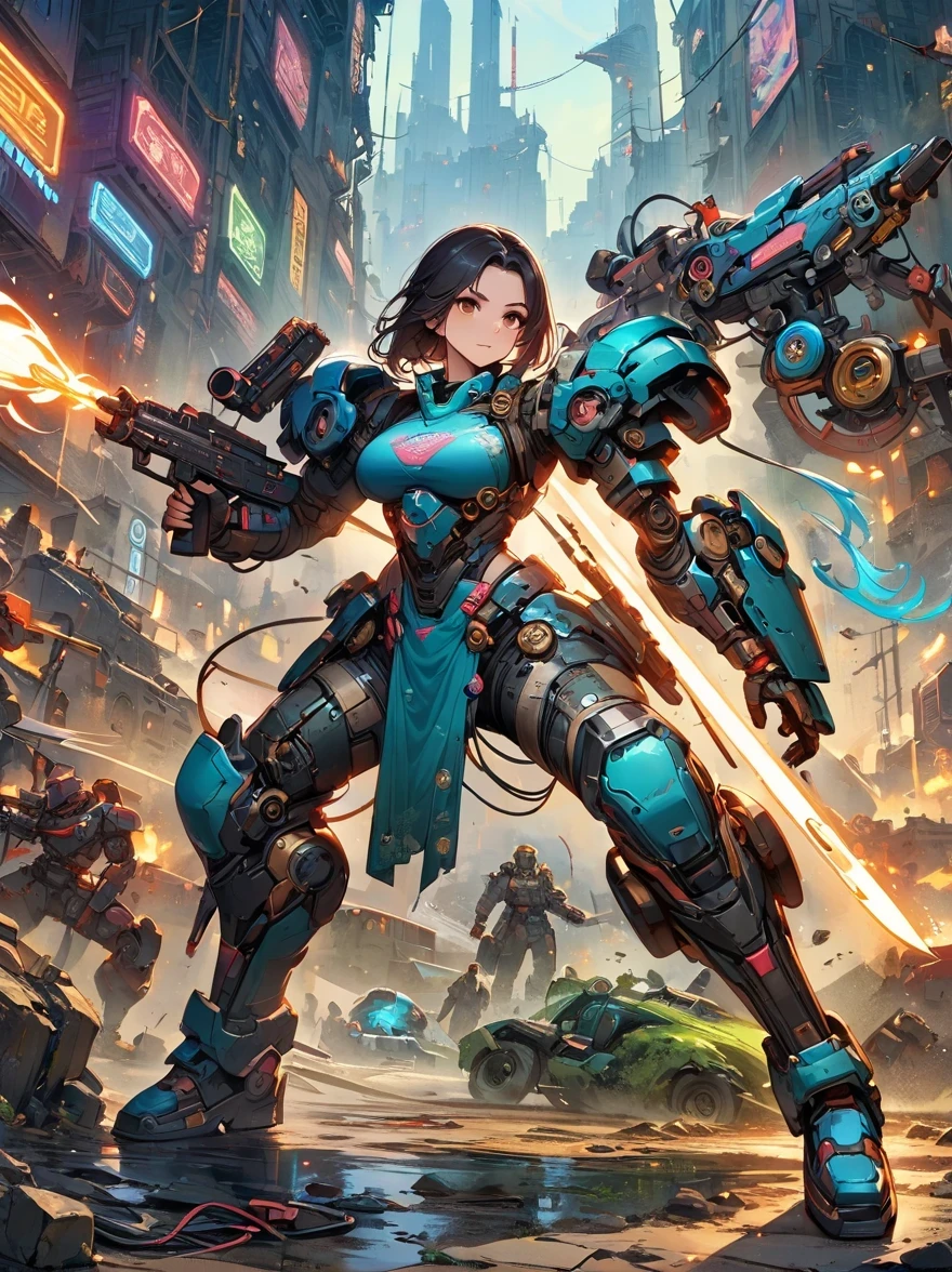 Best image quality，8K，High resolution，masterpiece，super detailed，actual，ultra high definition，studio lighting，Ultra-fine，Physical rendering，extremely detailed description，main，bright colors，female warrior，future，battlefield，steel body，Detailed mechanical parts，cable，gear，complicated，atmosphere，art station trend，Abnormal Art Trend Mechanized Body，Gun in one hand，(gun focus)，Aim at the target，complicated details，Neon lights surround，Complex and detailed machinery，Detailed facets，steel，Chrome alloy，polished metal，cable，piston，Servo motors，off white，weathered，dieselpunk，oil slick，electrically，fantasy