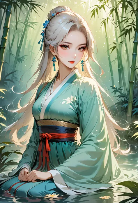 (masterpiece, best quality:1.2), female general，white hair,  hanfu，elegant，Ink martial arts style, nighttime,bamboo forest,moonl...