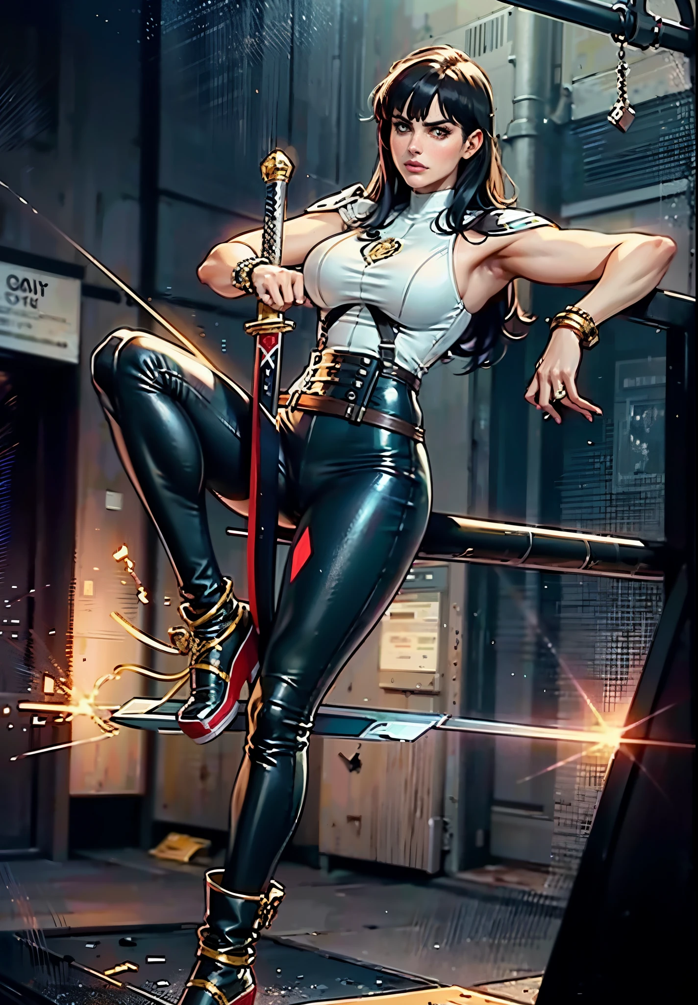 A beautiful woman with long shiny black hair, choppy bangs, a delicate face, a cold proud gaze, a fit figure, a fantasy-style high-necked leather breastplate top, sleeveless, exposes her waist, a bracelet adorns her wrist, tight-fitting leather pants, her right hand holds a longsword with a blue scabbard, she lounges casually sitting, this character embodies a finely crafted fantasy-style bounty hunter in anime style, exquisite and mature manga art style, (Alexandra Daddario:1.2), high definition, best quality, highres, ultra-detailed, ultra-fine painting, extremely delicate, professional, anatomically correct, symmetrical face, extremely detailed eyes and face, high quality eyes, creativity, RAW photo, UHD, 32k, Natural light, cinematic lighting, masterpiece-anatomy-perfect, masterpiece:1.5