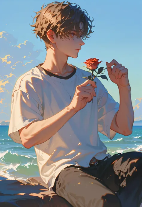 Style 9，1 boy，sea，Sunlight，whole body，holding a rose in hand，profile，casual wear，Vision