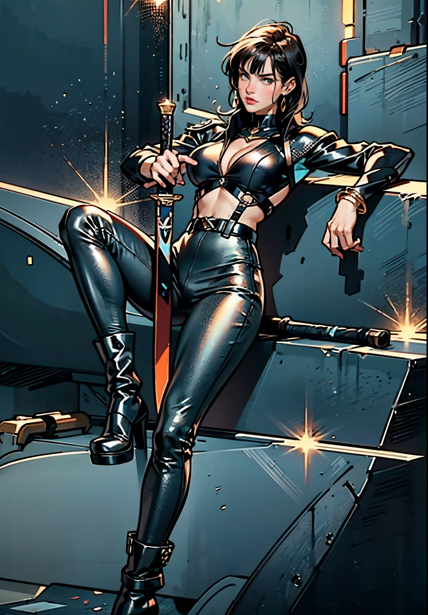 A beautiful woman with long shiny black hair, choppy bangs, a delicate face, a cold proud gaze, a fit figure, a fantasy-style high-necked leather breastplate top, sleeveless, exposes her waist, a bracelet adorns her wrist, tight-fitting leather pants, her right hand holds a longsword with a blue scabbard, she lounges casually sitting, this character embodies a finely crafted fantasy-style bounty hunter in anime style, exquisite and mature manga art style, (Alexandra Daddario:1.2), high definition, best quality, highres, ultra-detailed, ultra-fine painting, extremely delicate, professional, anatomically correct, symmetrical face, extremely detailed eyes and face, high quality eyes, creativity, RAW photo, UHD, 32k, Natural light, cinematic lighting, masterpiece-anatomy-perfect, masterpiece:1.5