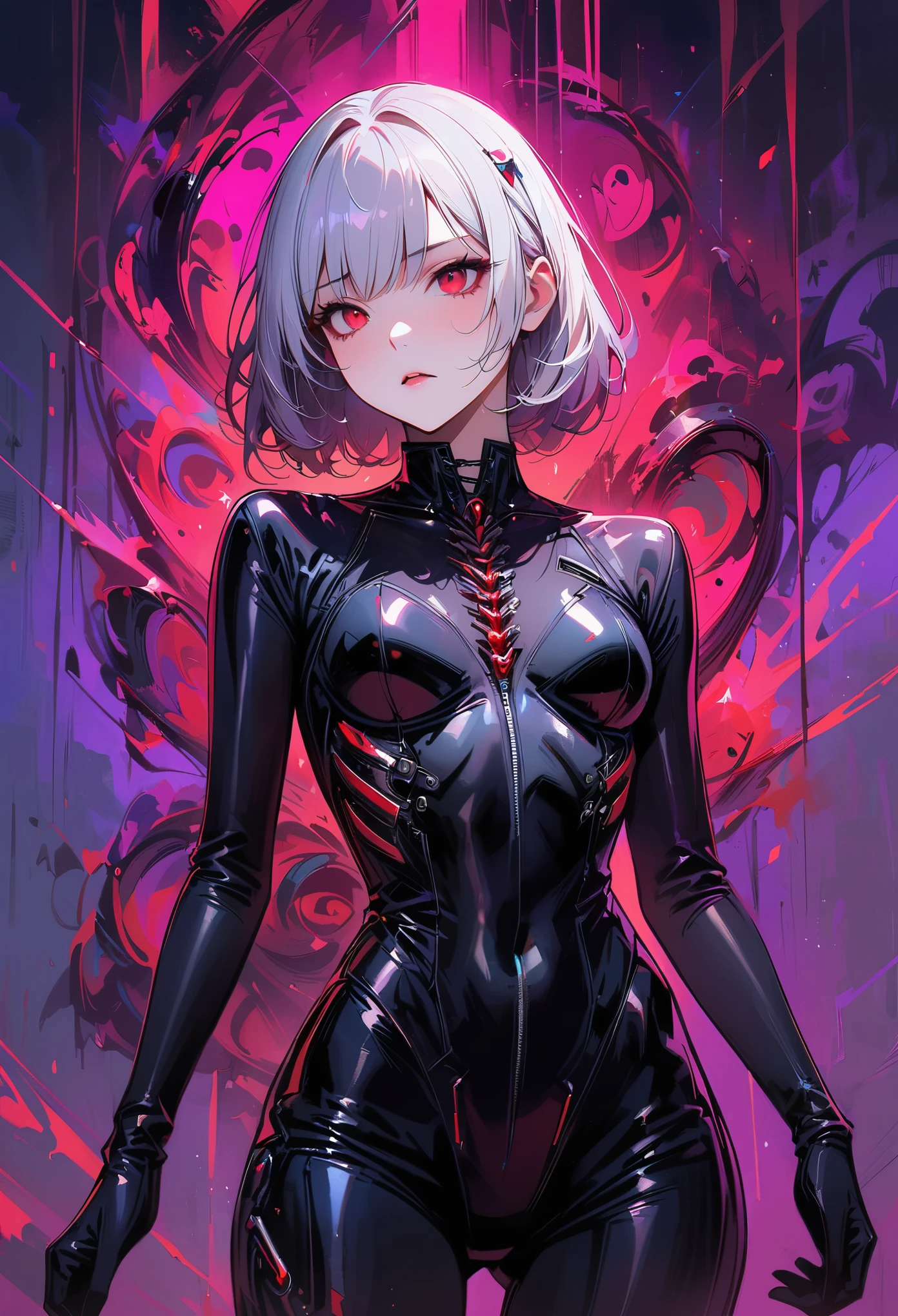 masterpiece， best quality， 8K， Digital painting， 1 girl， solo， stand up， youth， White hair， long white hair， hair accessories， red eyes， round pupils， Emotionless expression， blood stains， Mechanical Parts， electric wire， cable， failure effect， horrifying， science fiction， futuristic， Dark inside the background， neon lights， cyberpunk characters， Surreal， weird， Disturbing， spine-chilling， horrifying， jumpsuit，Red eyes，Venom Possession，blackened，Long black gloves，One-piece Pants，tight latex bodysuit，Highlight her graceful figure,wrap the whole body，symbiont，（（Raised sexy）），jumpsuit，Red eyes，Venom Possession，blackened，Long black gloves，One-piece Pants，Black latex clothing，Blood-red eyes，best quality, High resolution, Super detailed, Vivid textures, mask, tight latex bodysuit, Bangs,purple hair, blue eyes