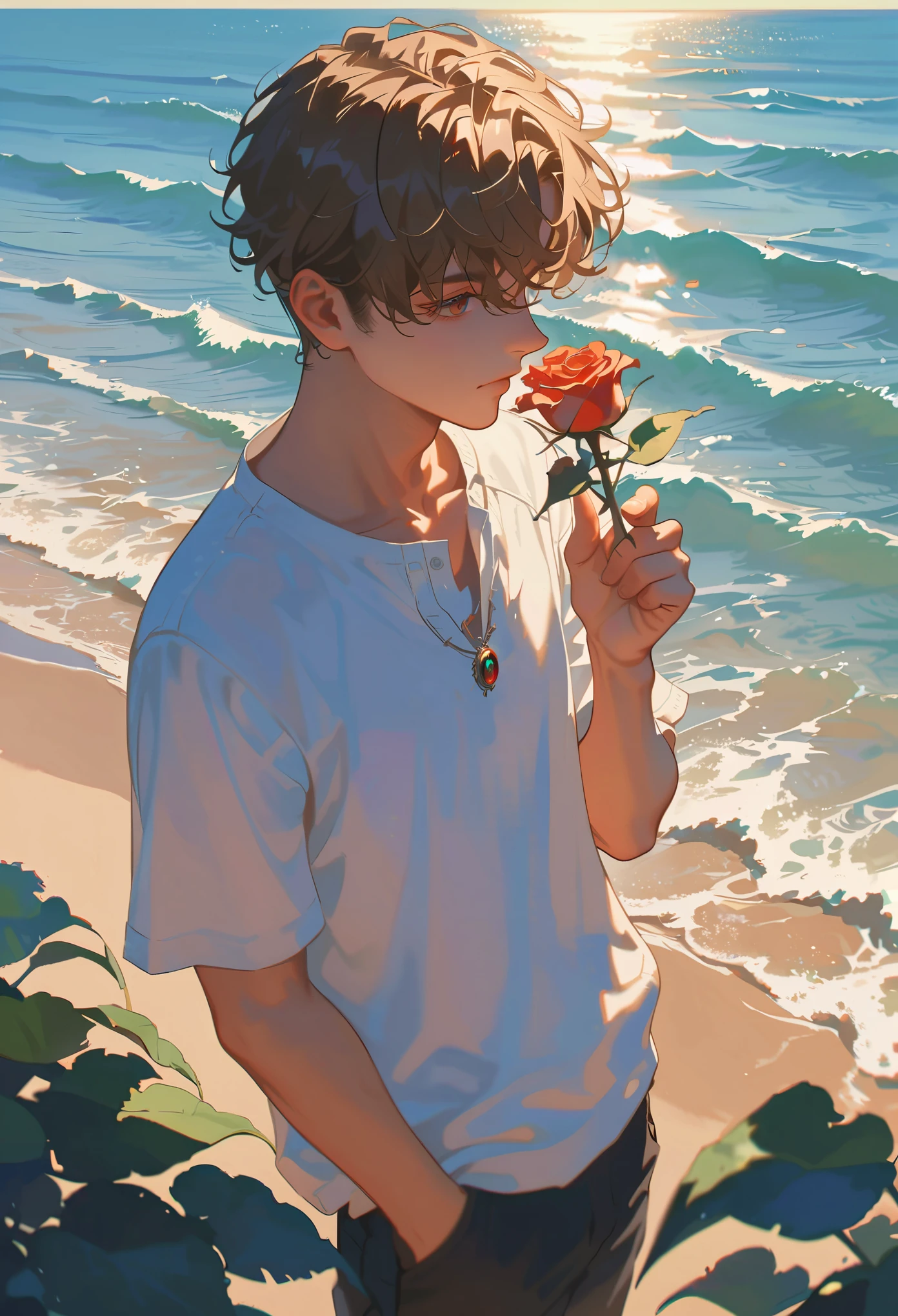 样式 9，1个男孩，海，阳光，全身，手里拿着玫瑰，轮廓，休闲装，想象