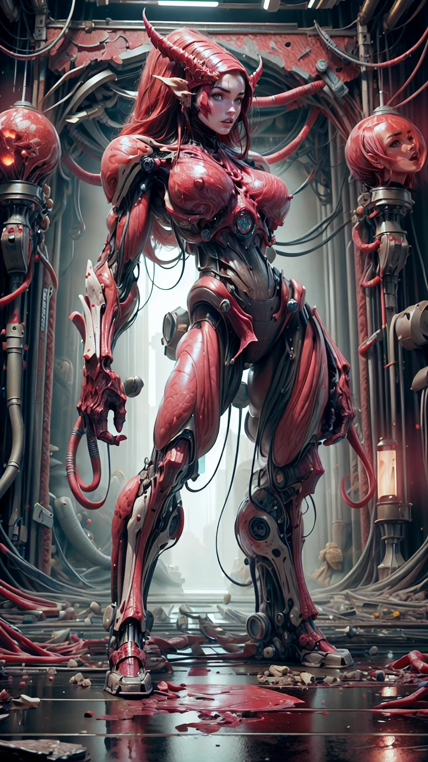 Cinematic, clear facial features and insanely detailed, the image captures the essence of (1 girl), (megan fox:1.25), (long red hair), (carnage skinless physique:1.25), (1 super muscular undead skinless succubus with gigantic horns:1.25), (covered in red necrotic rotting skinless muscle:1.25), (exposed muscles & veins everywhere:1.25), (perfect fingers:1.25) (full body pose:1.25). The color grading is beautifully done, enhancing the overall cinematic feel. Unreal Engine makes her appearance even more mesmerizing. With depth of field (DOF), every detail is focused and accentuated, drawing attention to her eyes and hair. Peak image resolution utilizing super-resolution technology ensures pixel perfection. Cinematic lighting enhances her aura, while anti-aliasing techniques like FXAA and TXAA keep the edges smooth and clean. Adding realism to the muscular bio-mecha succubus , RTX technology enables ray tracing. Additionally, SSAO (Screen Space Ambient Occlusion) gives depth and realism to the scene, the girl's presence even more convincing. In the post-processing and post-production stages, tone mapping enhances the colors, creating a captivating visual experience. The integration of CGI (Computer-Generated Imagery) and VFX (Visual Effects brings out her demonic features seamlessly . Incredible level of detail, with intricate elements meticulously crafted, the artwork hyper maximalist and hyper-realistic. Volumetric effects add depth and dimension, with unparalleled photorealism. 8k resolution rendering ensures super detailed visuals. The volumetric lighting adds a touch of magic, highlighting her beauty and aura in an otherworldly way. High Dynamic Range (HDR) tech makes the colors pop, adding richness to the overall composition. Ultimately, this artwork presents an unreal, yet stunningly real portrayal of an incredibly beautiful bio-mecha succubus girl. The sharp focus ensures that every feature is crisply defined, creating a captivating presence. (girl face:1.45)