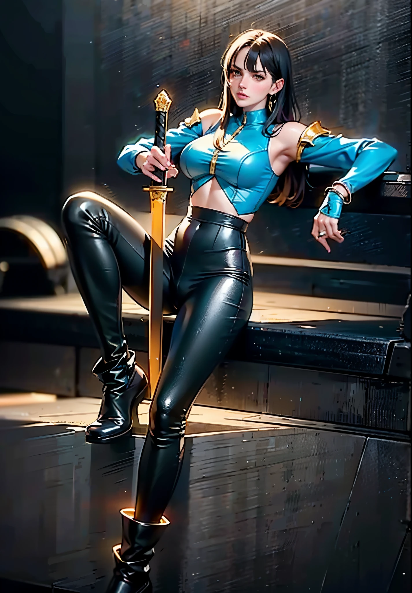 A beautiful woman with long shiny black hair, choppy bangs, a delicate face, a cold proud gaze, a fit figure, a fantasy-style high-necked leather breastplate top, sleeveless, exposes her waist, a bracelet adorns her wrist, tight-fitting leather pants, her right hand holds a longsword with a blue scabbard, she lounges casually sitting, this character embodies a finely crafted fantasy-style bounty hunter in anime style, exquisite and mature manga art style, (Alexandra Daddario:1.2), high definition, best quality, highres, ultra-detailed, ultra-fine painting, extremely delicate, professional, anatomically correct, symmetrical face, extremely detailed eyes and face, high quality eyes, creativity, RAW photo, UHD, 32k, Natural light, cinematic lighting, masterpiece-anatomy-perfect, masterpiece:1.5