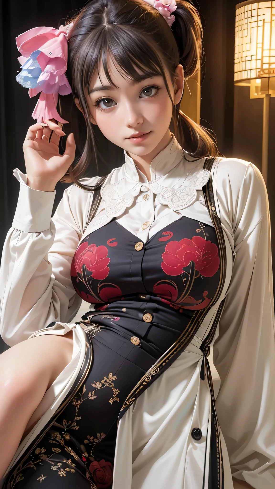 (highest quality, 8k, High resolution, realistic:2.0), (((alone, one girl)))、I am Japanese、cute idol、singer、22 years old、Like an angel in a white dress、 use pink glossy lipstick,eye swelling、(girl with big beady eyes:1.5)、((round face, smile, big breasts,big ass))、flushed complexion、Cute whole body pose、twin tails、