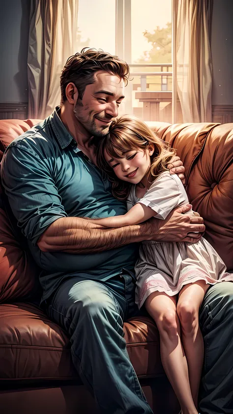 an apparently 40-year-old man hugging his 6-year-old daughter, sitting on the sofa with eyes closed and smiling happily