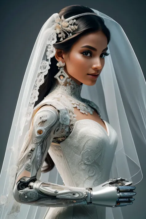 Describe a futuristic and technological bride who combines robotic elements with a smooth and elegant design. She wears a dress ...