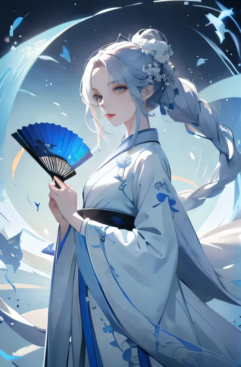 pale woman, cheveux blancs, yeux bleus, yeux lavande, cheveux longs, chinese wife, Elaborate Hanfu, hanfu bleu, évantail ouvert ...