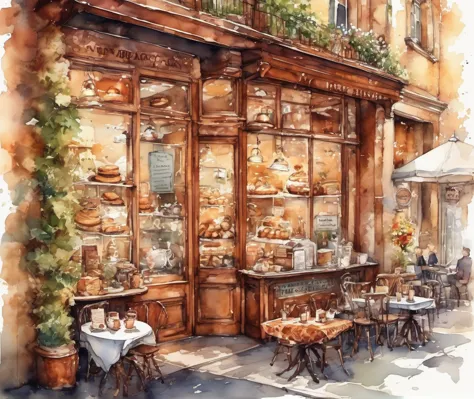 (best quality,highres),(transparent watercolour painting:1.1),cozy bakery and coffee shop atmosphere,delicate brush strokes,home...