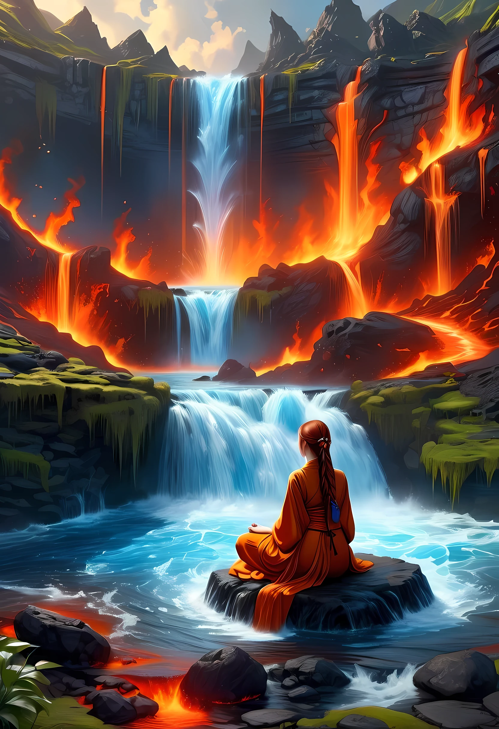 fantasy art, photorealistic, D&D art, a picture of a female monk sitting and meditating near a waterfall, at the base of the waterfall,  there is a human woman monk wearing monk garbs, meditating near a bonfire near an (epic sized waterfall: 1.3), red hair, long hair, full body (best details, Masterpiece, best quality :1.5), ultra detailed face (best details, Masterpiece, best quality :1.5), ultra feminine (best details, Masterpiece, best quality :1.5), exquisite beautiful (best details, Masterpiece, best quality :1.5) red hair, long hair, wavy hair, pale skin, blue eyes, intense eyes, water coming down from a volcanic cliff, multi level water falls, several pools created in different levels, forming new waterfalls, water cascading into a (large lava pool: 1.3) steam rising, clear water in many hues of blue and azure falling, ultra best realistic, best details, best quality, 16k, [ultra detailed], masterpiece, best quality, (extremely detailed), ultra wide shot, photorealism, depth of field, hyper realistic painting, faize 