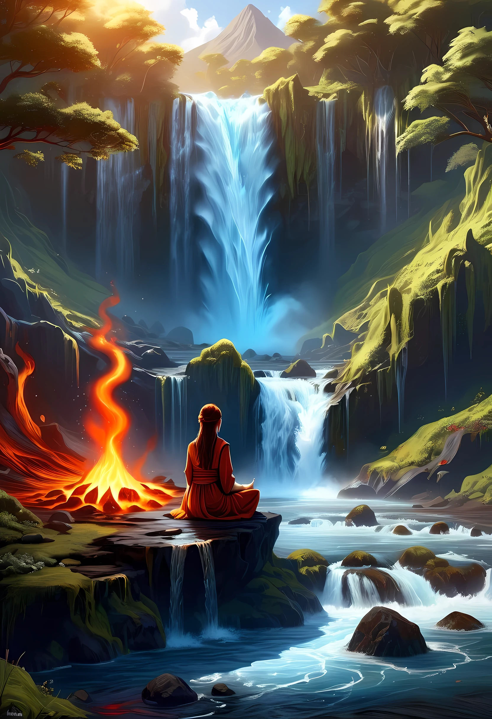 arte de fantasia, fotorrealista, D&Arte D, uma imagem de uma monge sentada e meditando perto de uma cachoeira, Na base da cachoeira,  há uma mulher humana monge vestindo trajes de monge, meditando perto de uma fogueira perto de um (cachoeira de tamanho épico: 1.3), cabelo vermelho, cabelo longo, corpo todo (melhores detalhes, obra de arte, melhor qualidade :1.5), ultra detalhado face (melhores detalhes, obra de arte, melhor qualidade :1.5), ultra feminine (melhores detalhes, obra de arte, melhor qualidade :1.5), requintado lindo (melhores detalhes, obra de arte, melhor qualidade :1.5) cabelo vermelho, cabelo longo, Cabelo ondulado, pele pálida, olhos azuis, olhos intensos, água descendo de um penhasco vulcânico, Quedas d'água de vários níveis, vários pools criados em diferentes níveis, formando novas cachoeiras, água em cascata em um (grande piscina de lava: 1.3) vapor subindo, água límpida em muitos tons de azul e azul caindo, ultra melhor realista, melhores detalhes, melhor qualidade, 16k, [ultra detalhado], obra de arte, melhor qualidade, (extremamente detalhado), foto ultra ampla, fotorrealismo, profundidade de campo, pintura hiper realista, faize 