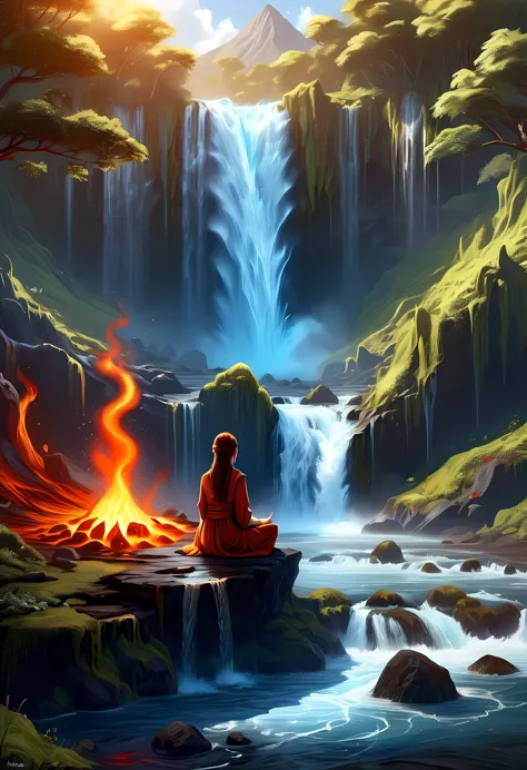 fantasy art, photorealistic, d&d art, a picture of a female monk sitting and meditating near a waterfall, at the base of the wat...